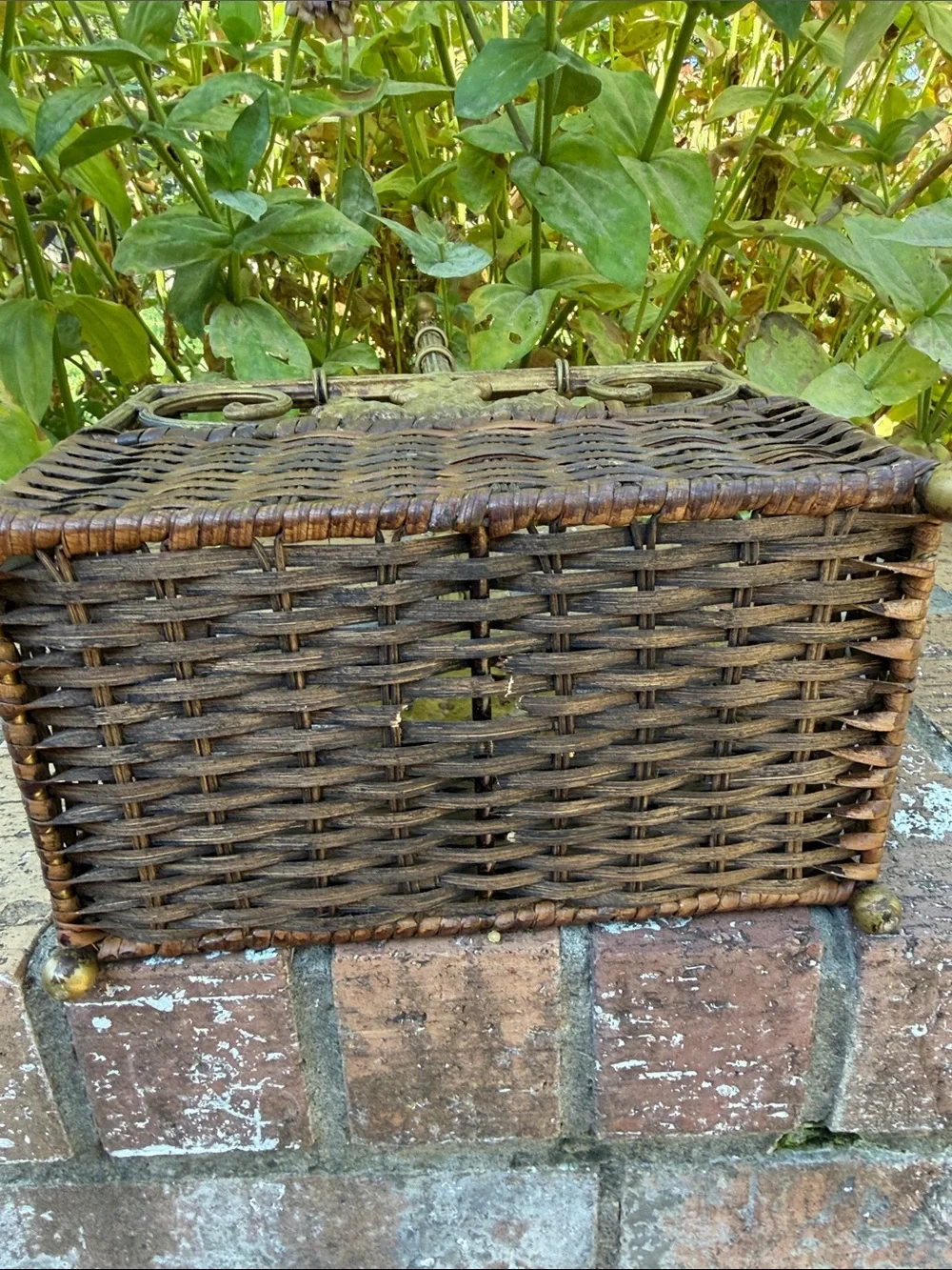Vintage Wicker and Gold Metal Pineapple Accent Basket, Heavy- Brown and Gold